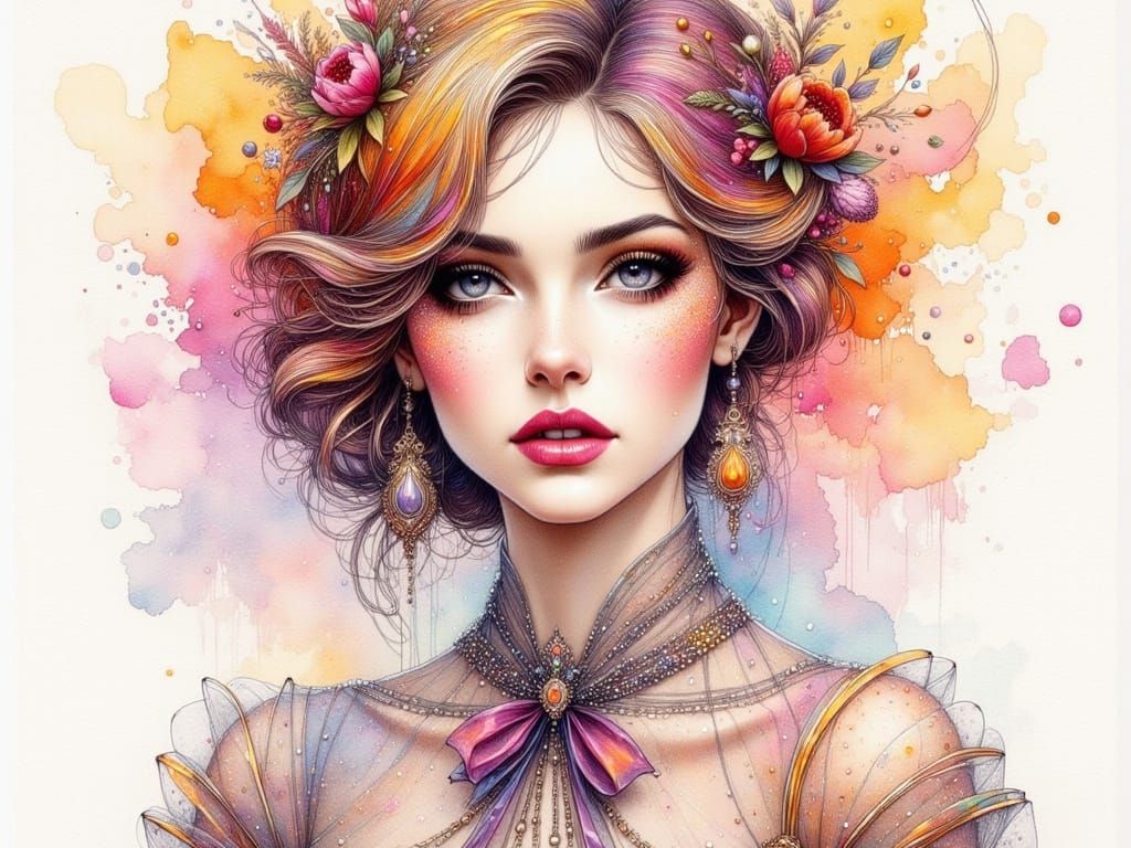 Intricately Detailed Ink Drawing with Vibrant Colors