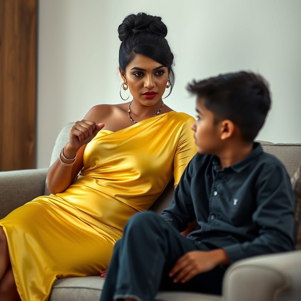 Indian Woman in Yellow Silky Outfit on Sofa