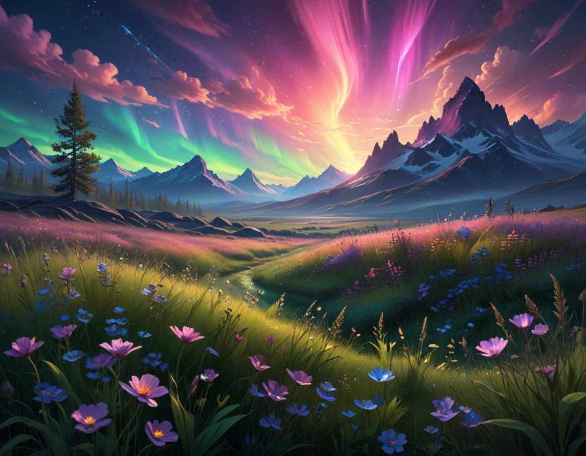 Ethereal Aurora Meadow Digital Painting