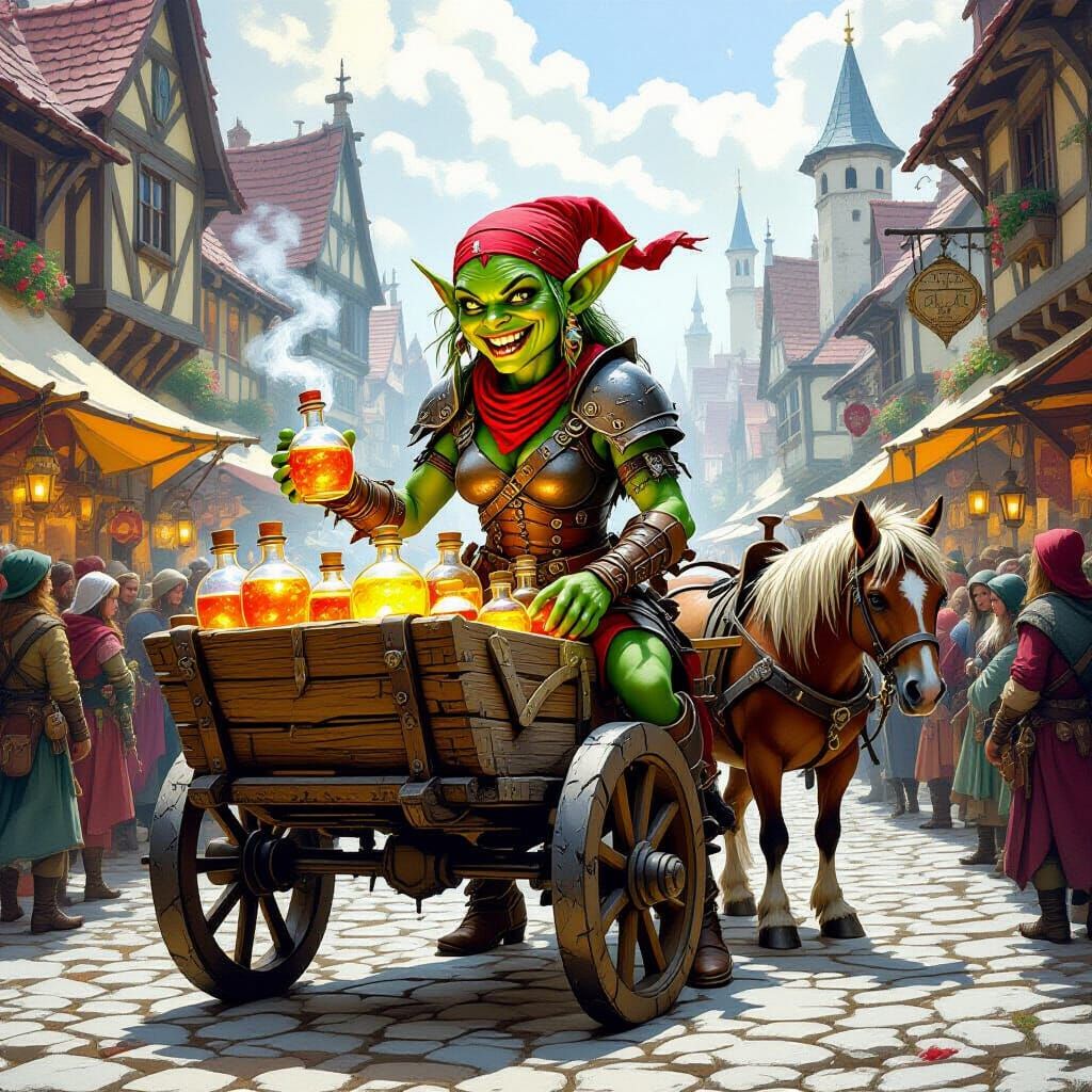 Goblin Potion Seller in Medieval Market