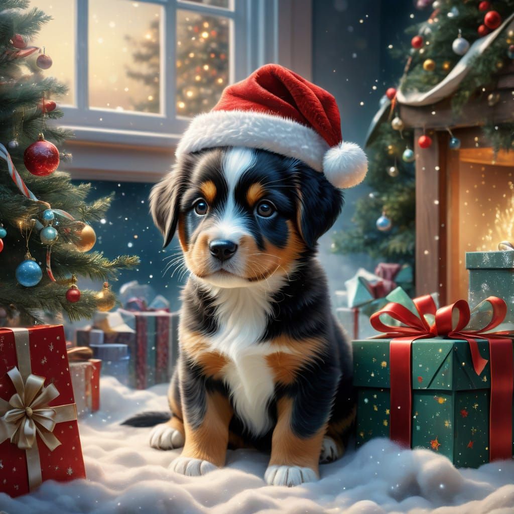 Magical Christmas Puppy in Whimsical Holiday Scene