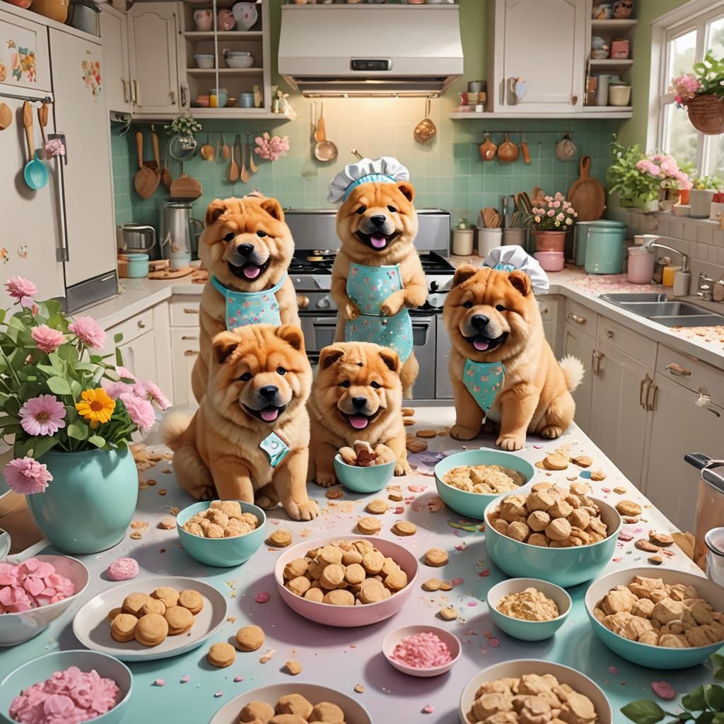 Chow Chow Puppies Baking: Whimsical Anime Art