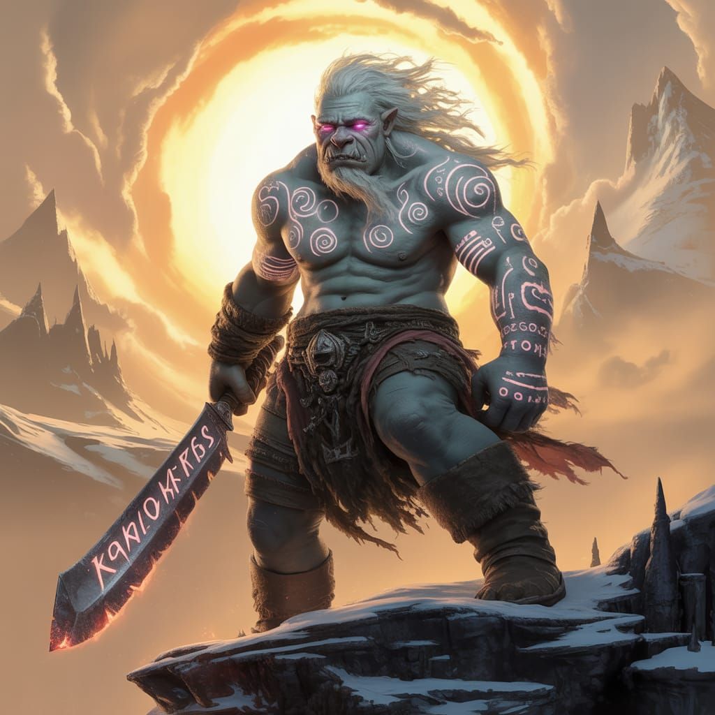 Albino Orc Warrior on Crag in Digital Painting Style
