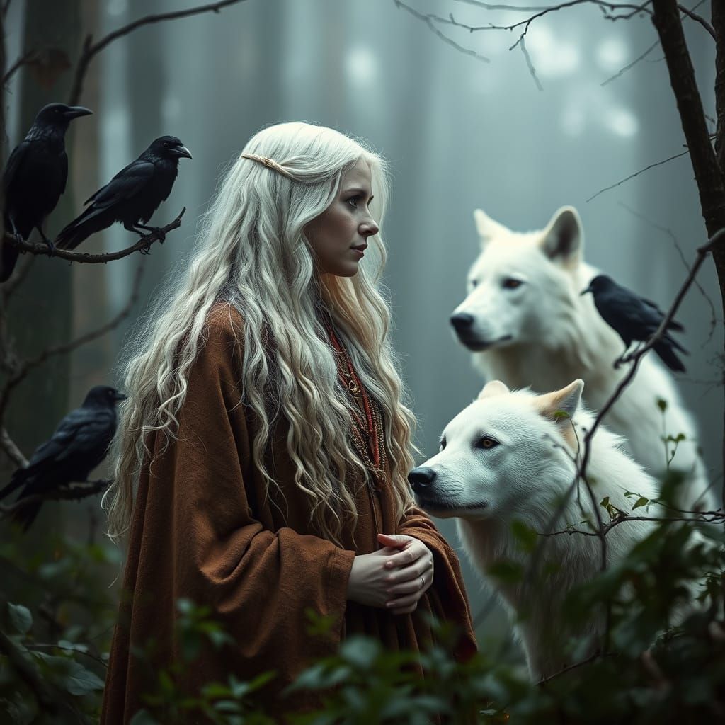 Regal Nordic Witch Surrounded by Black Crows and White Wolf ...