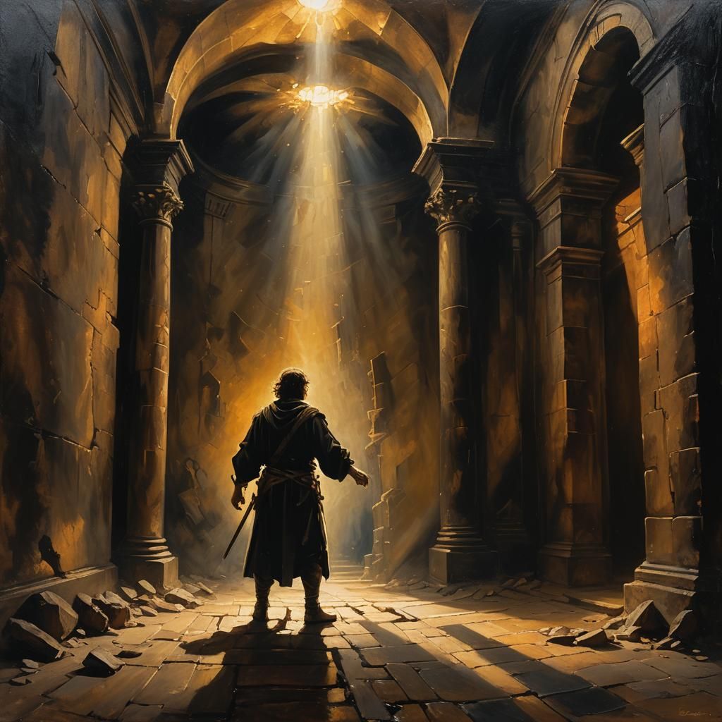Dramatic Dungeon Entrance Oil Painting in Baroque Style