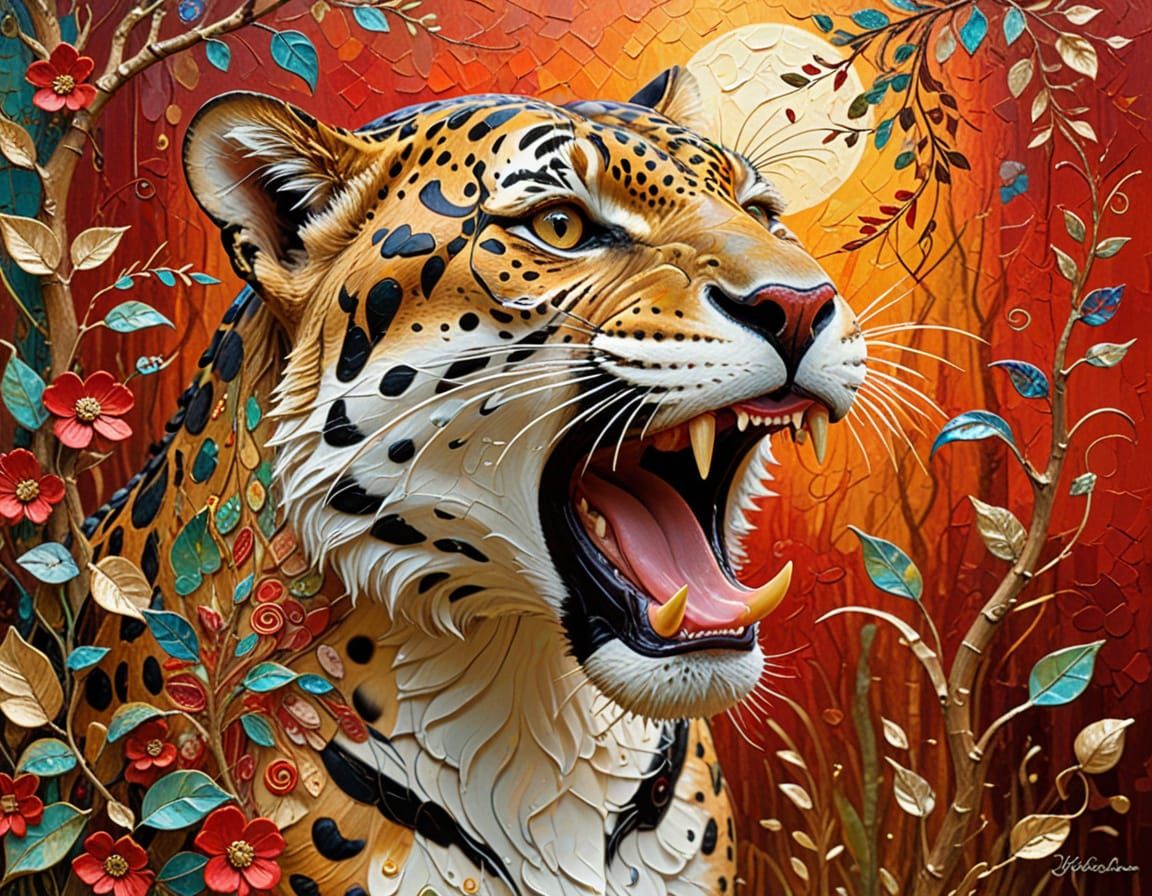 Majestic Jaguar Sticking Tongue Out, Impasto Style