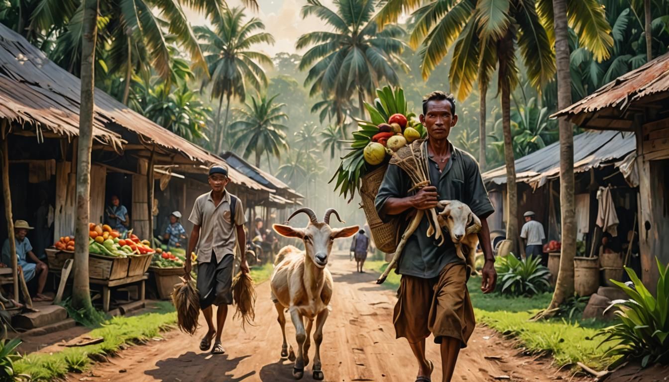 Banjar Tribesman with Goat: Impressionist Village Scene
