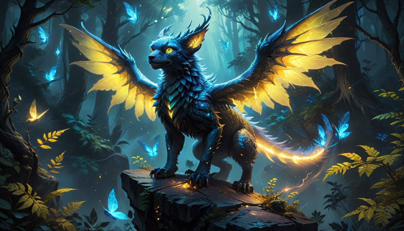 Fantasy Creature on Bioluminescent Cliff Edge