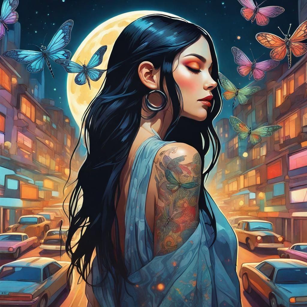 Futuristic Woman with Dragonfly Tattoo in Art Deco Style