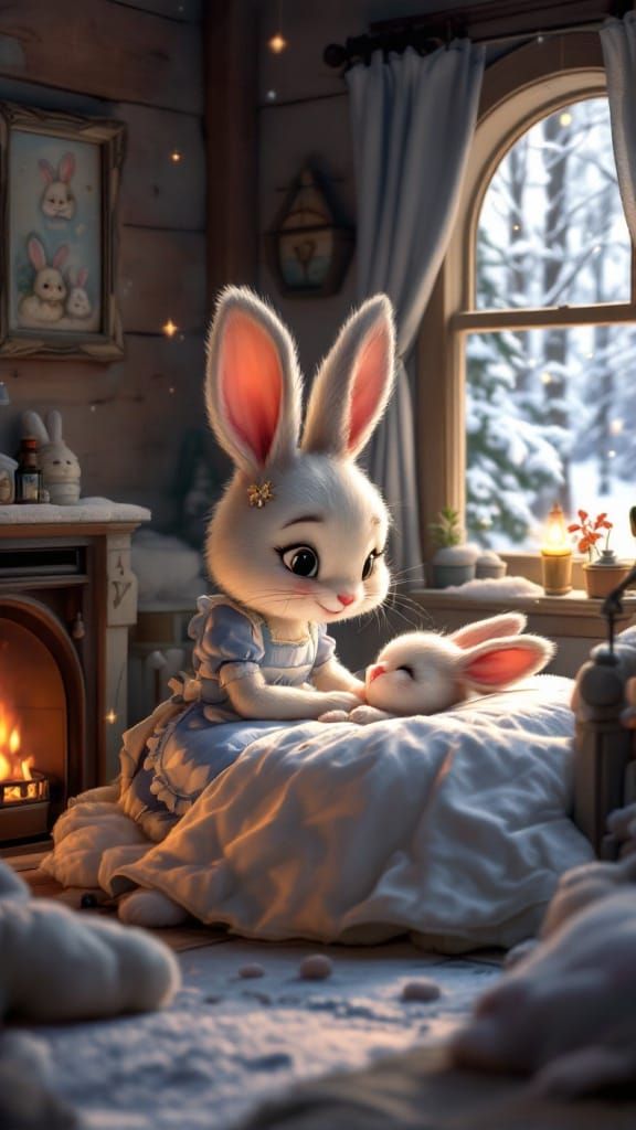 Mum Bunny Tucks in Baby in Cozy Winter Wonderland