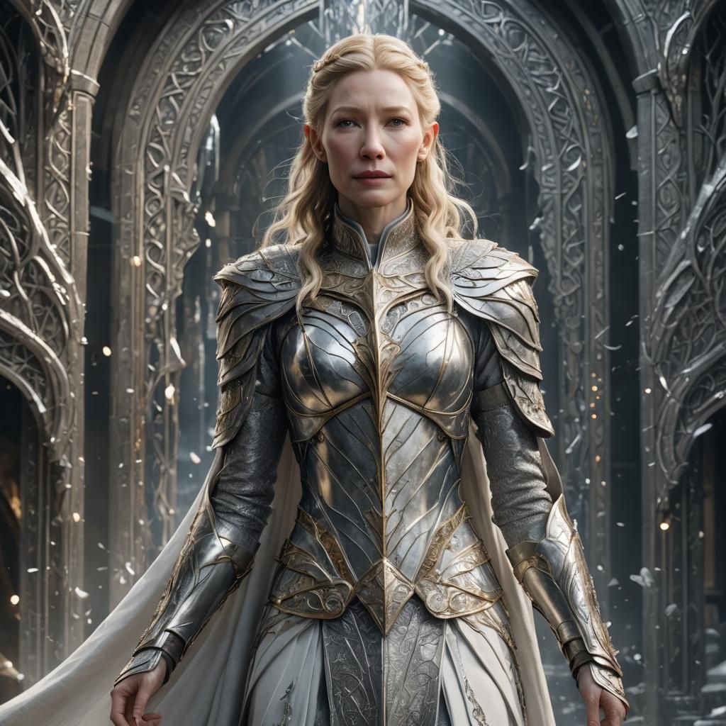 Galadriel in Silver Armor: Detailed Fantasy Art