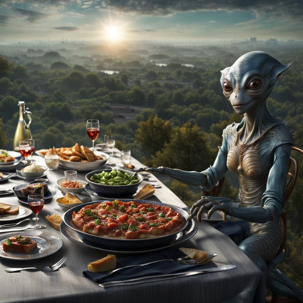 Surreal Restaurant Scene with Exotic Aliens