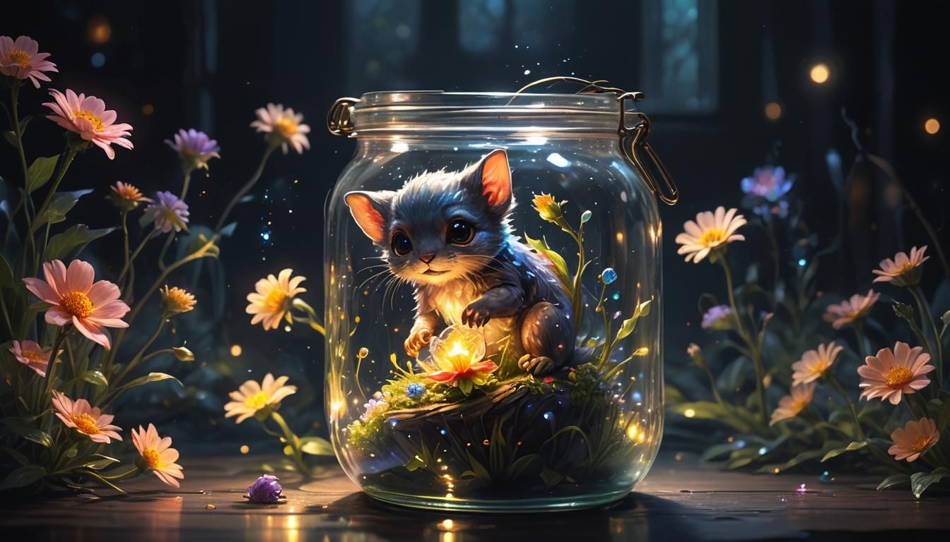 Magical Creature with Glowing Flower in Jar