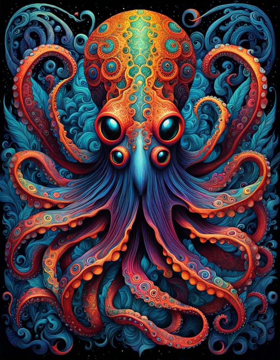 Psychedelic Octopus in Hyperdetailed Maximalist Artwork