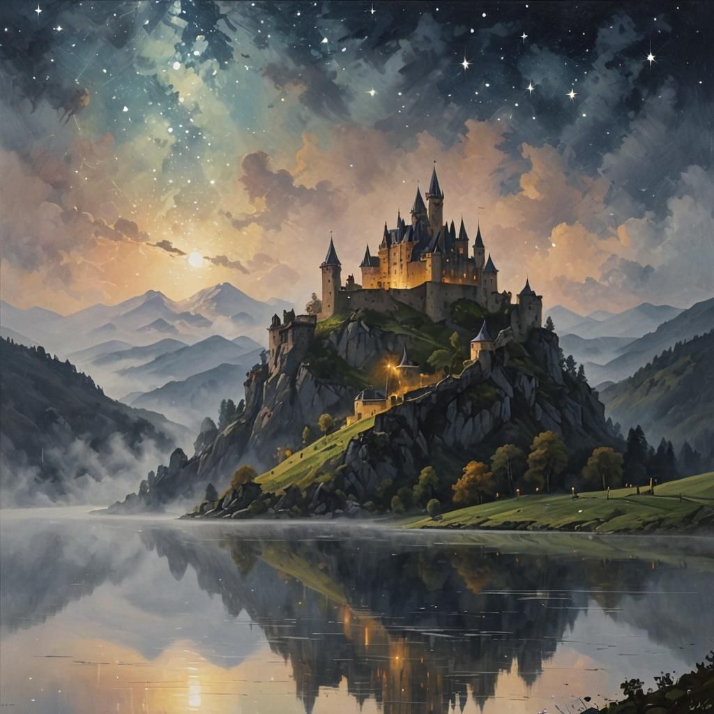 Tachisme Landscape with Castle, Mist and Starry Sky