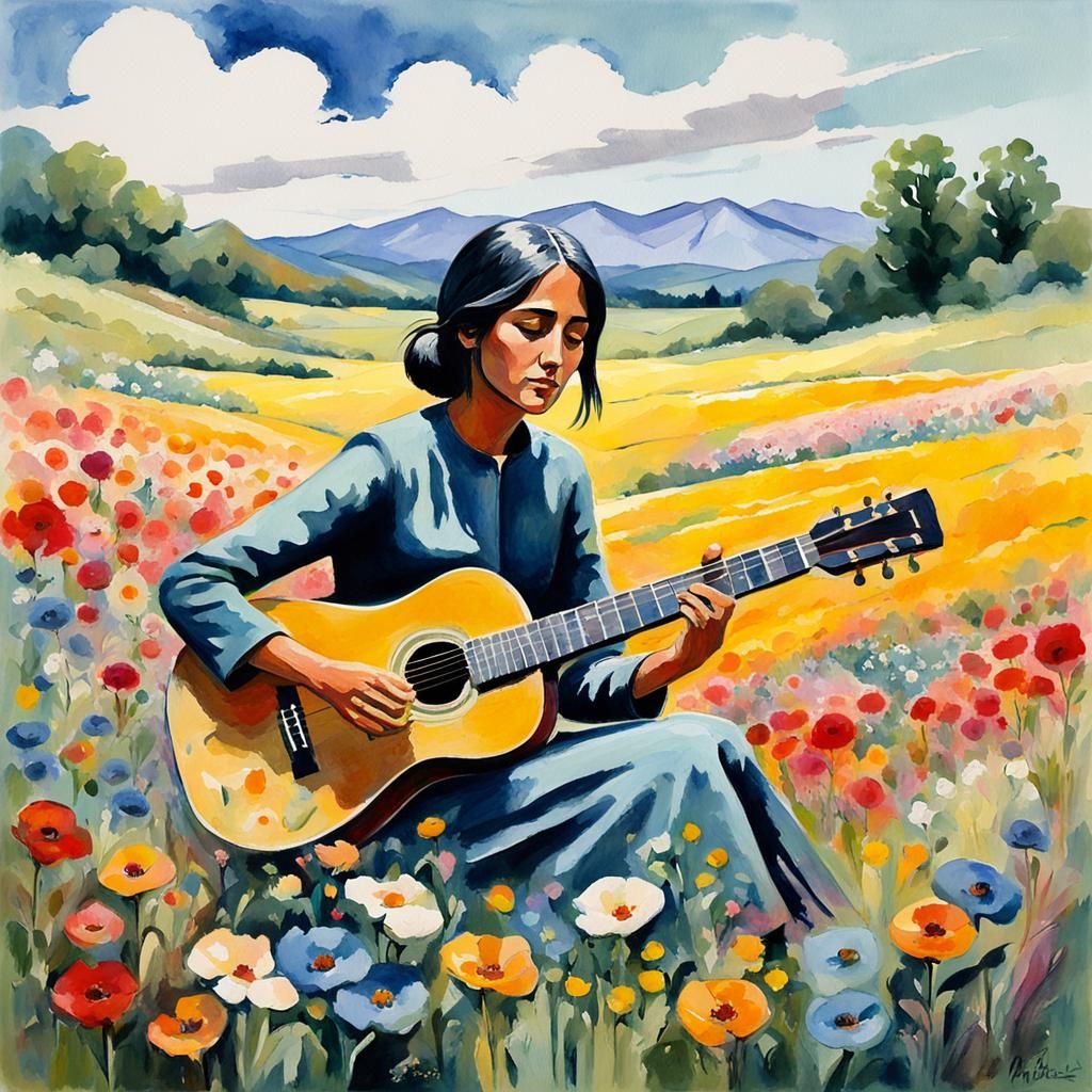 Young Joan Baez Young play guitare  in a beautiful meadow full of flower,  un the sixties, flowers Powers in Gouache Sty...