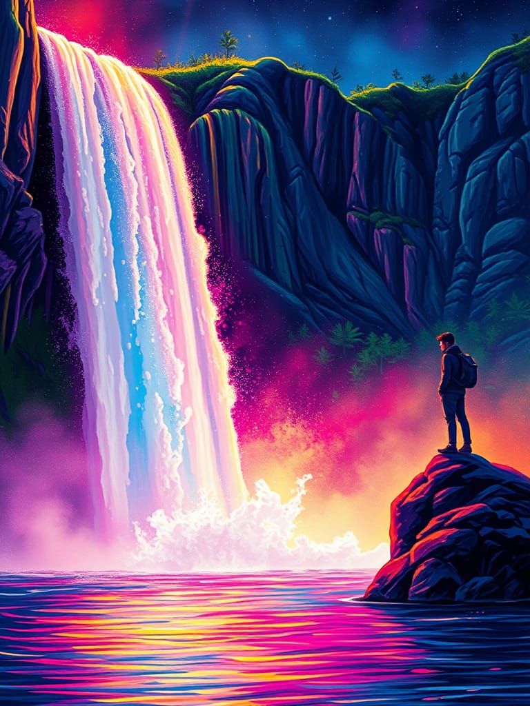 Vibrant Neon Waterfall with Silhouette, Splash Art