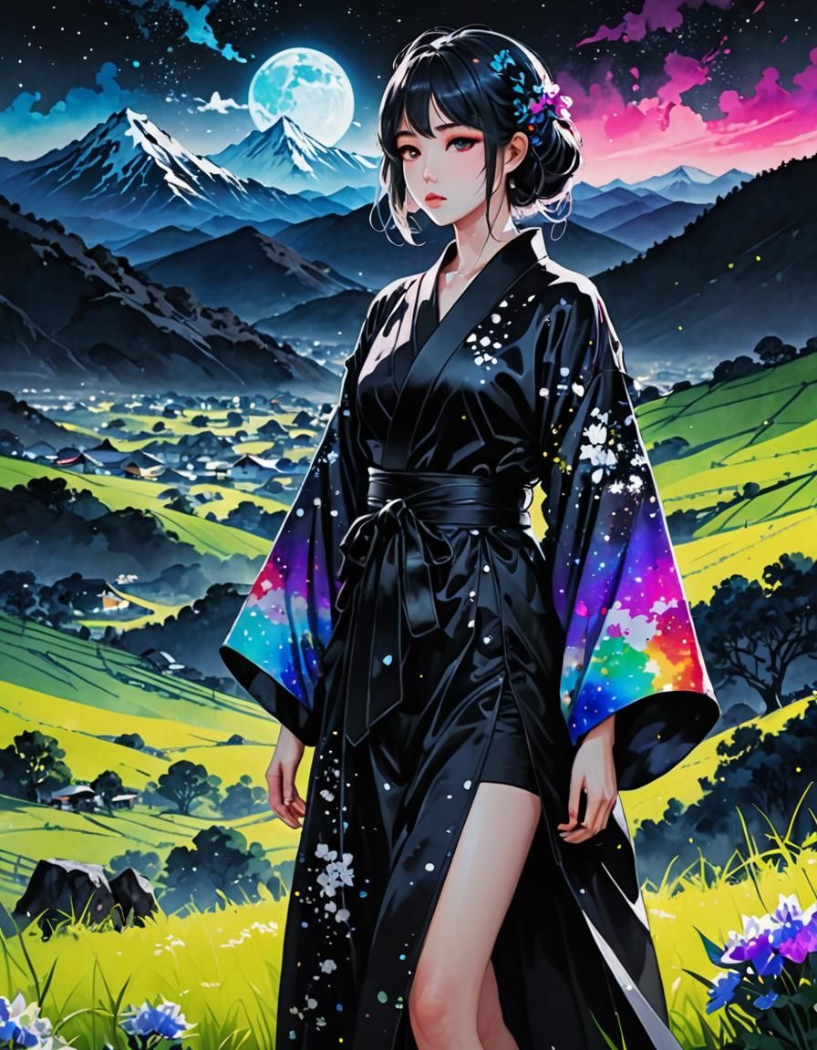 Anime Figure in Rainbow Kimono, Watercolor Style