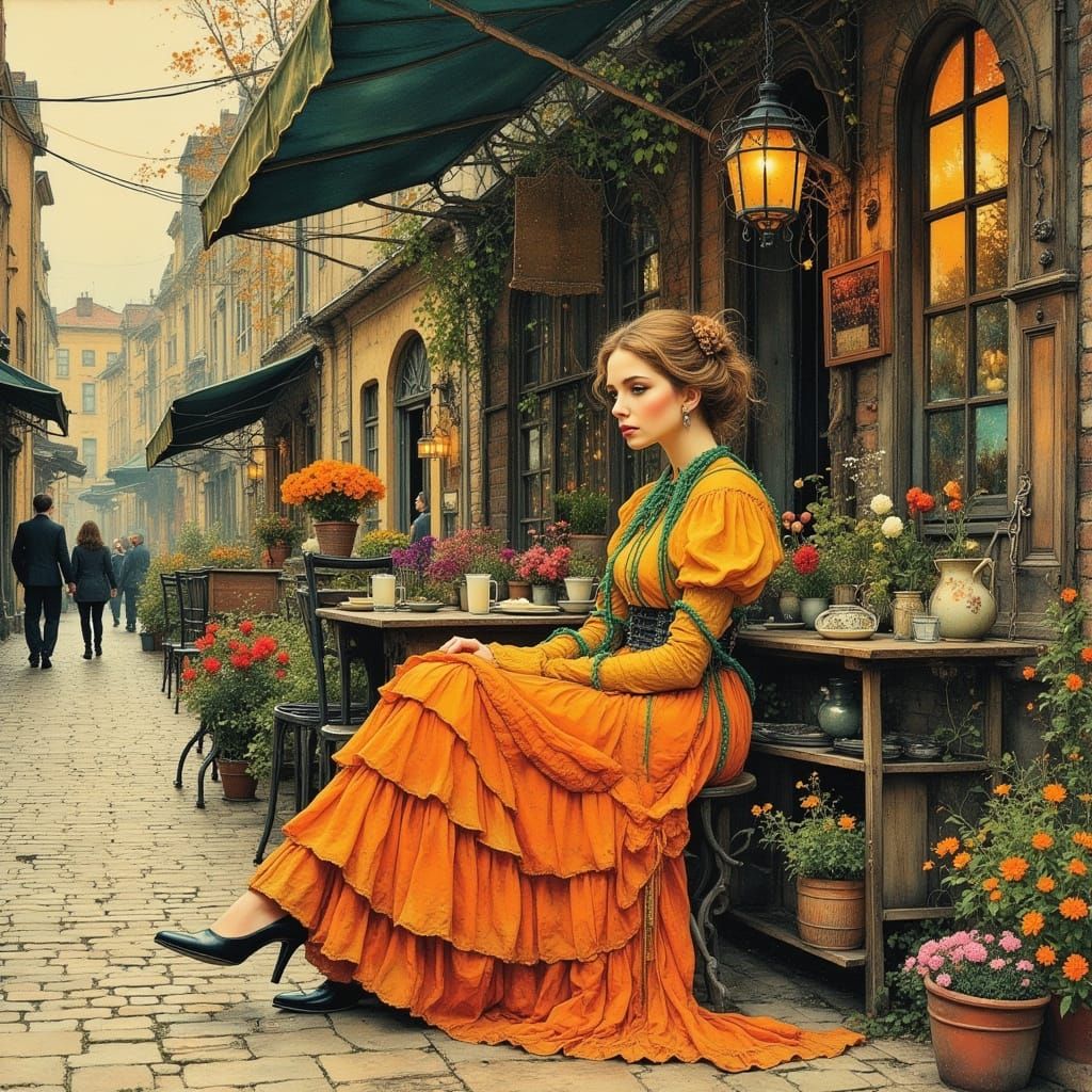 Steampunk Victorian Woman at Café in Harbor City