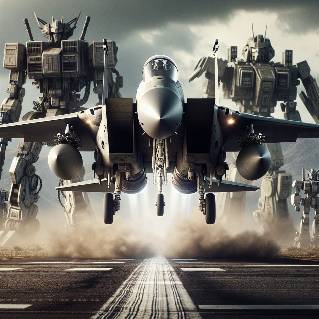 F-15 Fighter Jet Taking Off with Mechs