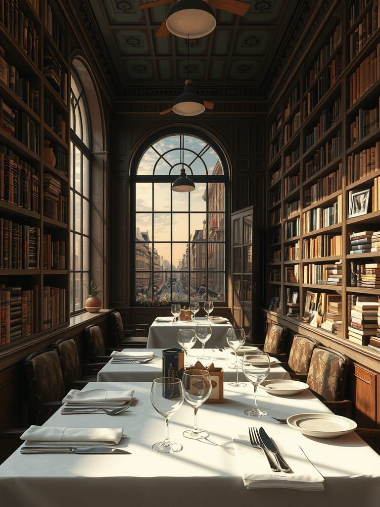 Upscale Restaurant within Vintage Bookstore in Hyperrealisti...