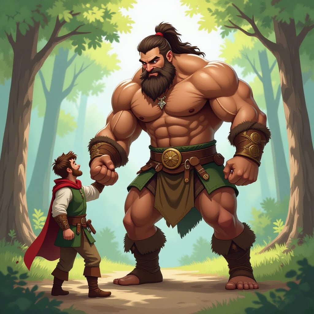 Giant and Friend Play in Detailed Medieval Forest Illustrati...