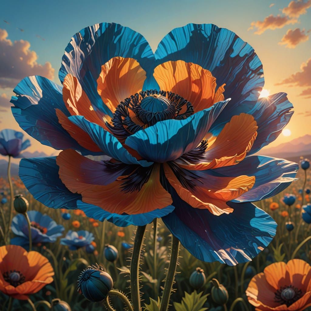 Vibrant Blue Poppy in Hyperrealistic Fantasy Style