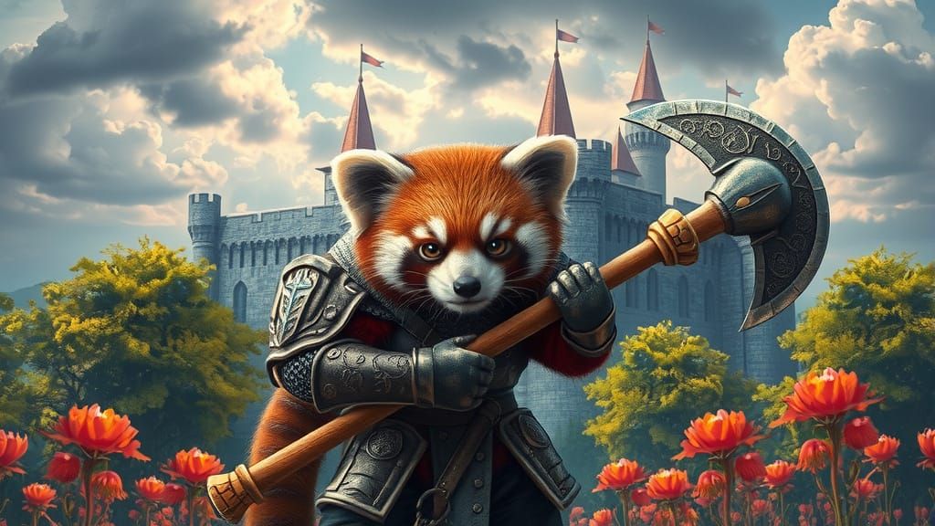 Red Panda Warrior with Axe Before Castle in Alcohol Ink Styl...