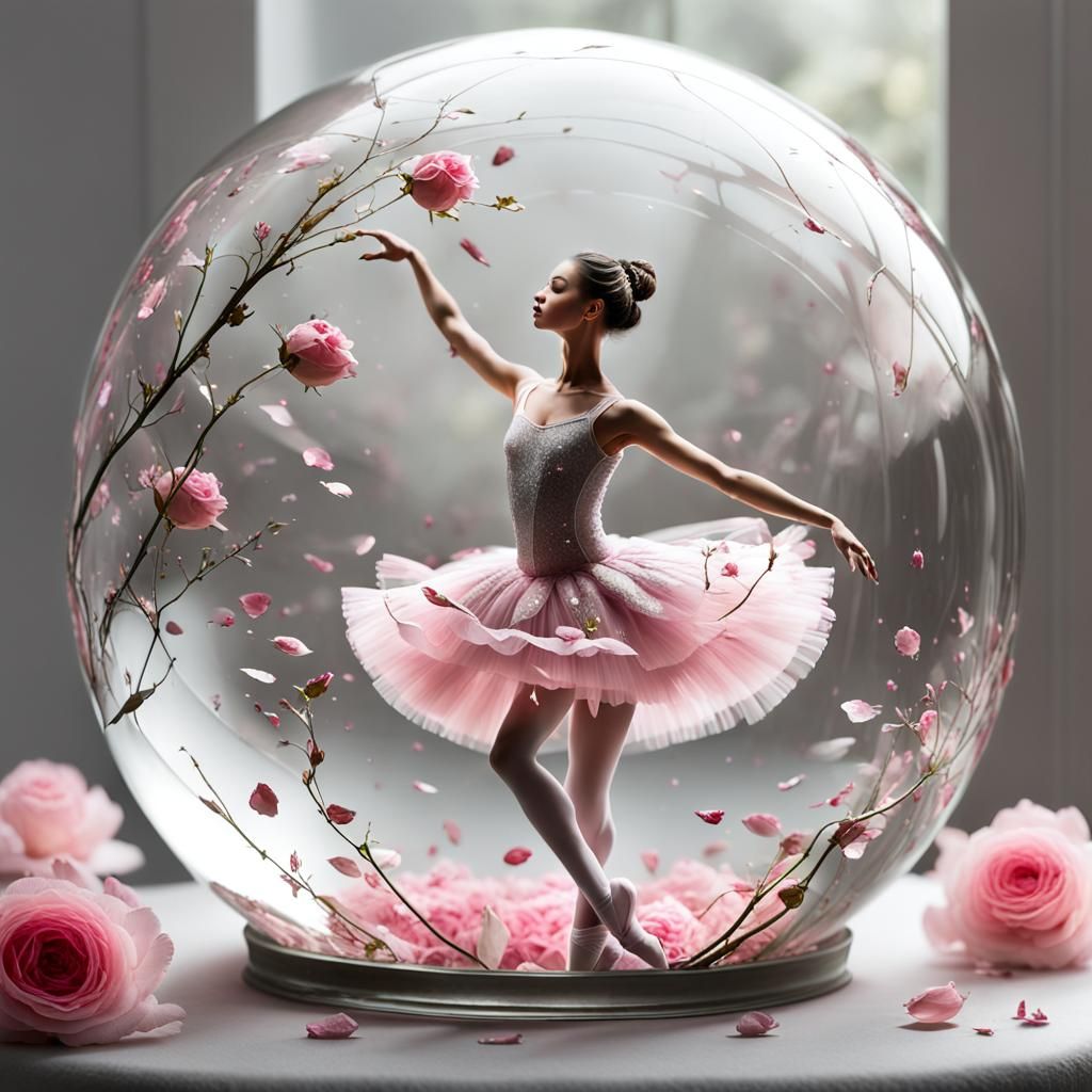 Ballerina in Glass Ball with Roses, Surrealist Oil Painting