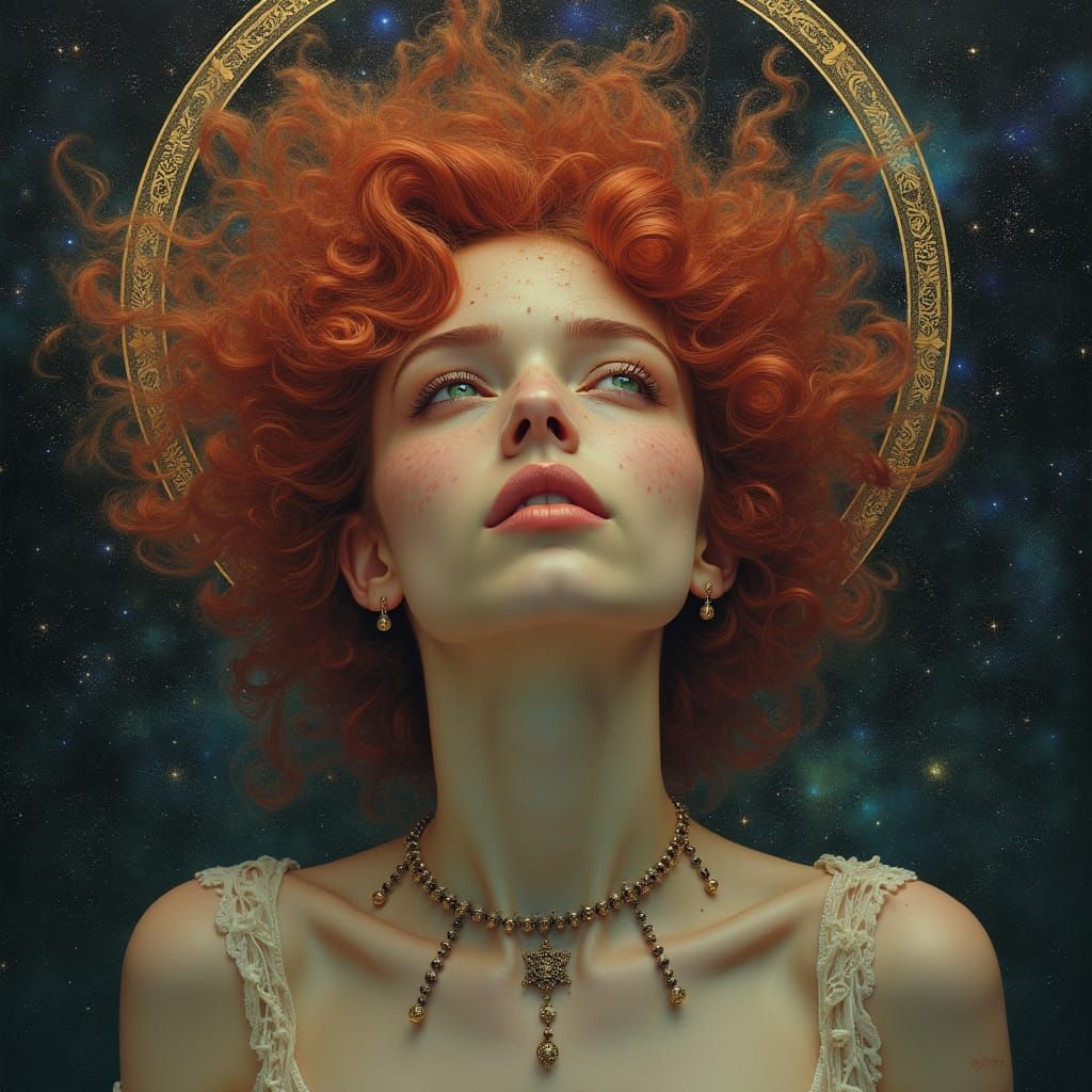 Ethereal Woman Gazing into Nebula Vortex