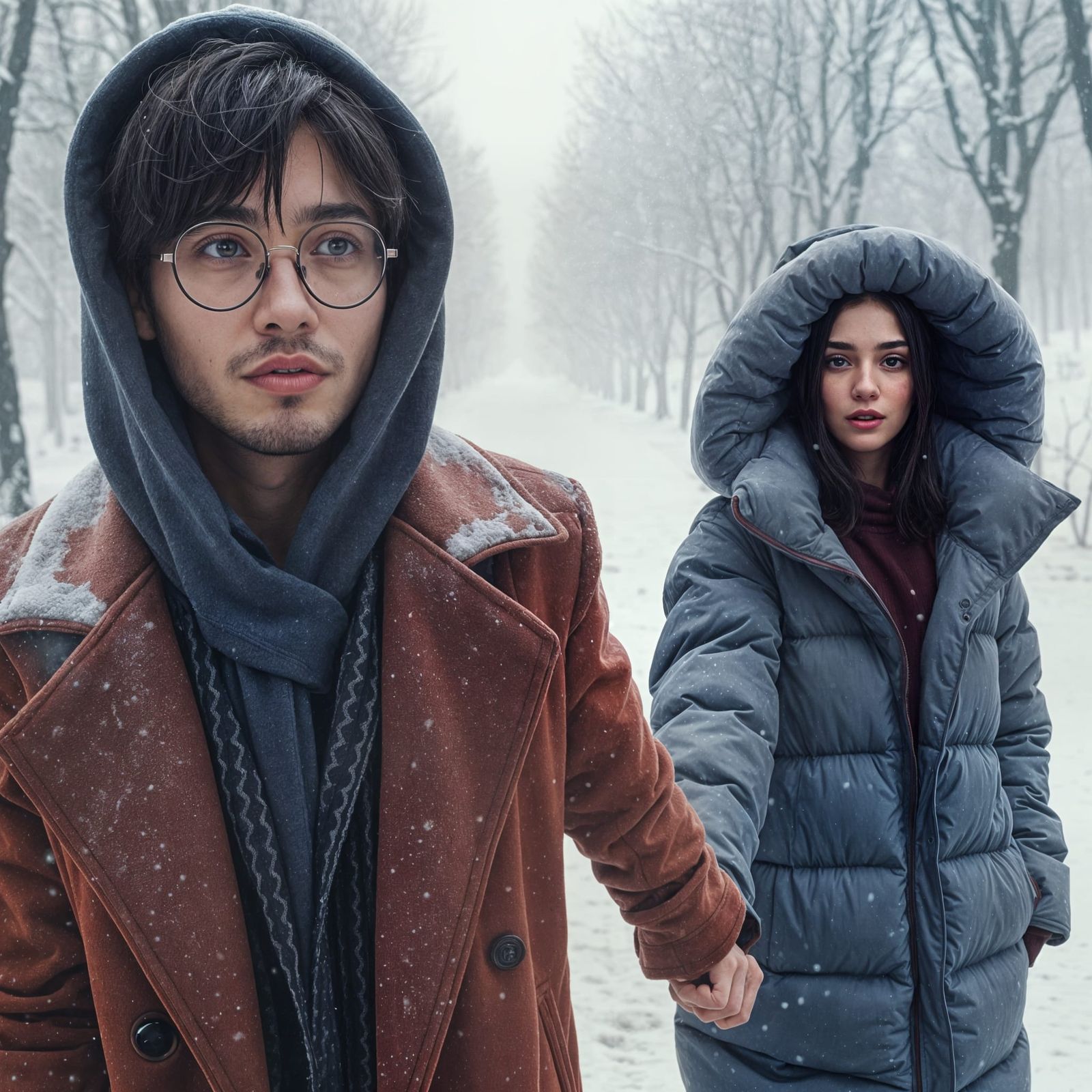 Couple Walking in a Serene Snowstorm
