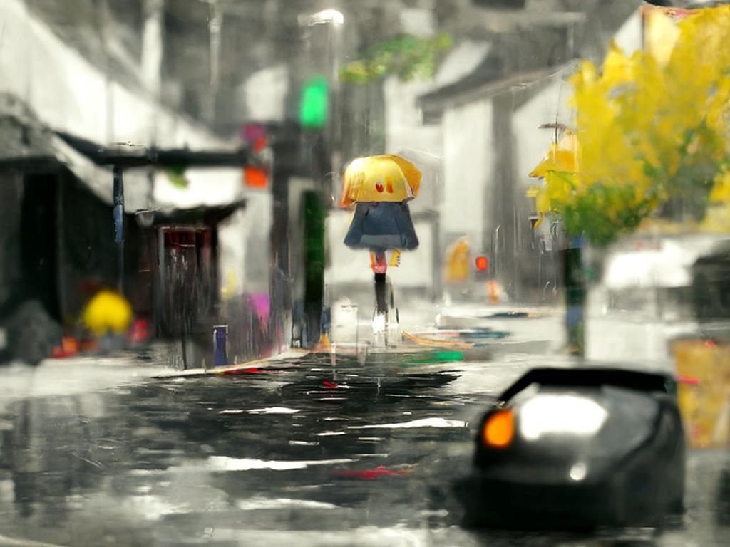 Rainy Street Scene with City Reflections