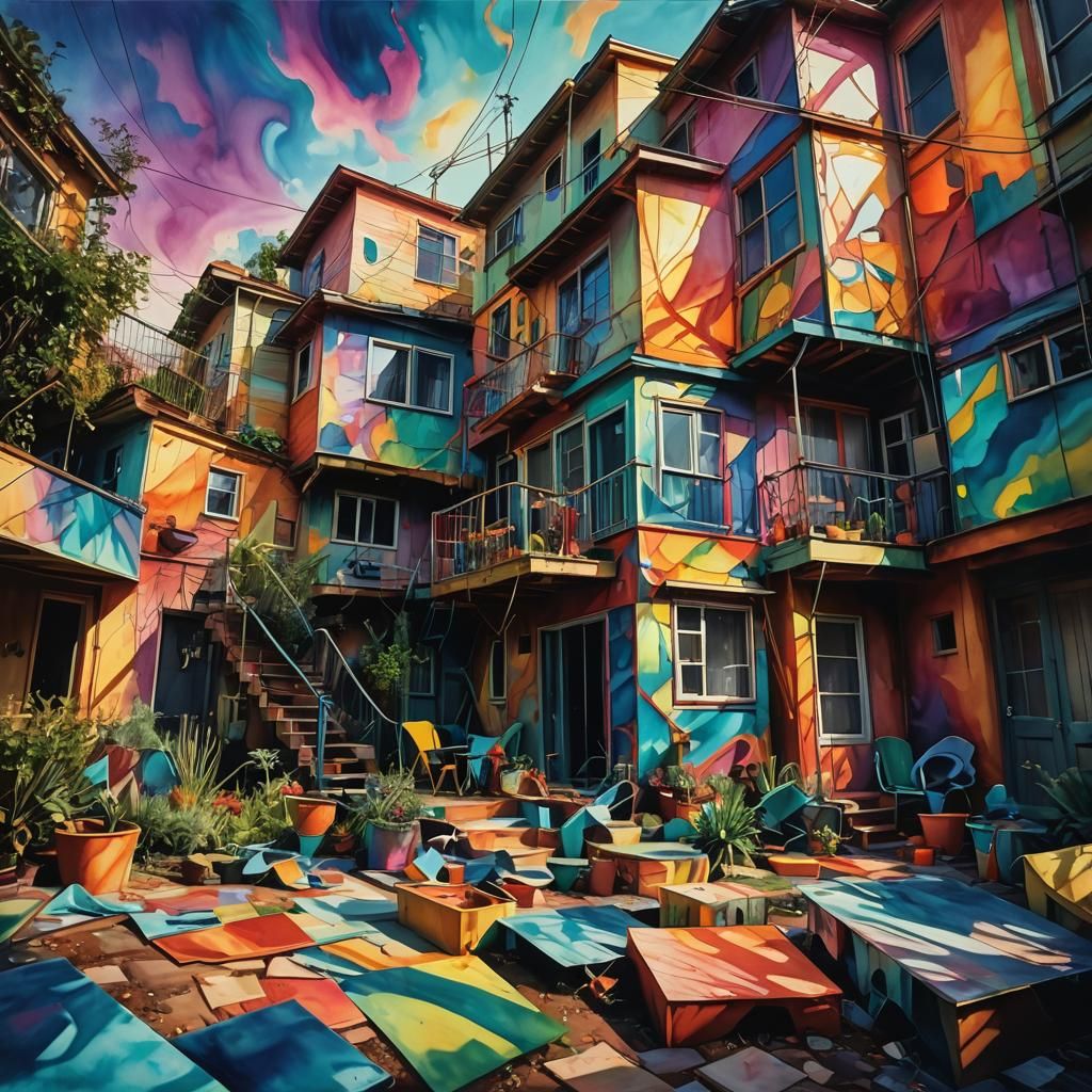Surreal Geometric Backyard in Abstract Expressionism Style