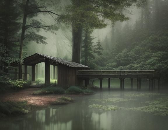 Serene Forest Concept Art with Person at Desk