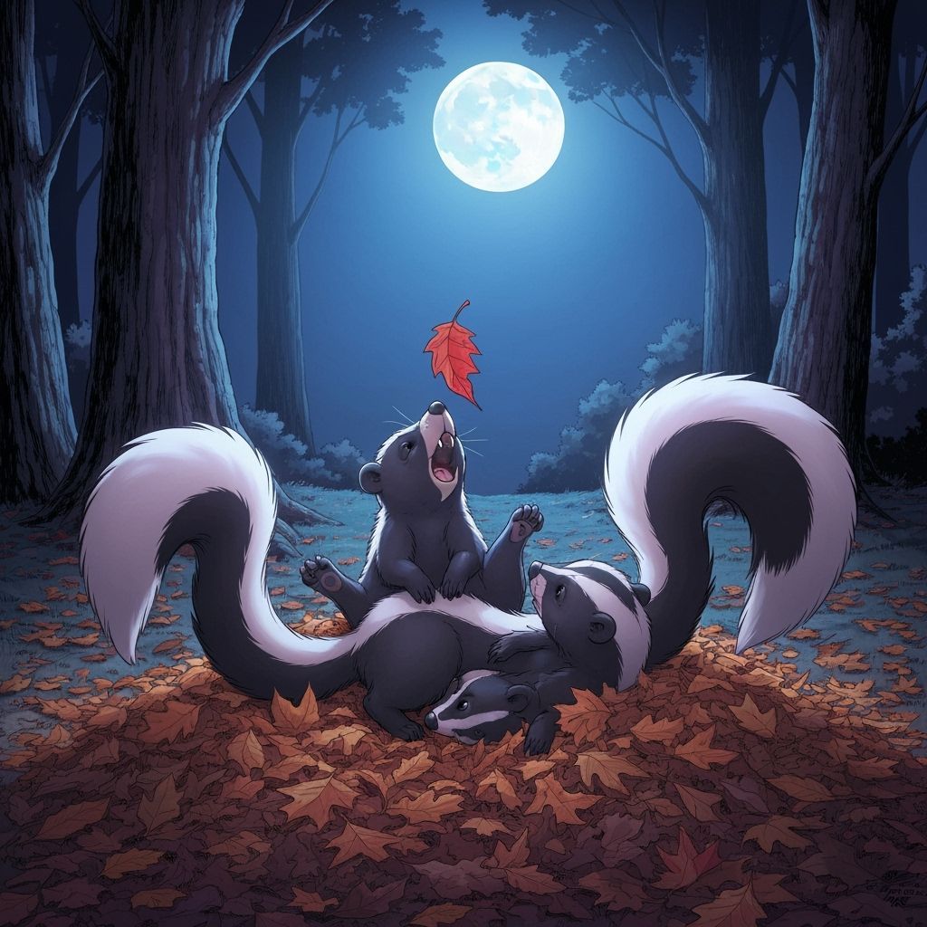 Skunks Play in Autumn Leaves Under Moonlight