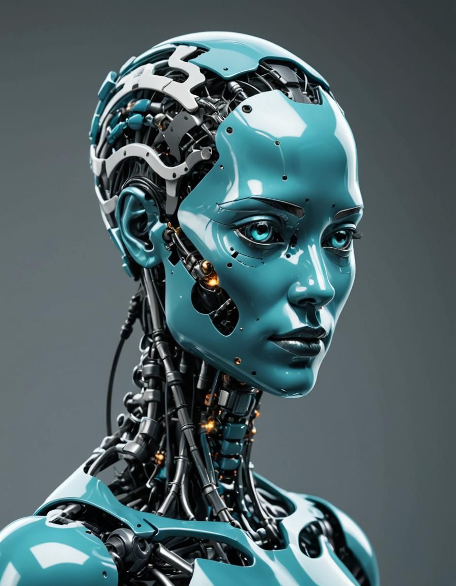 humanlike android, feminine body, dark cyan and black
