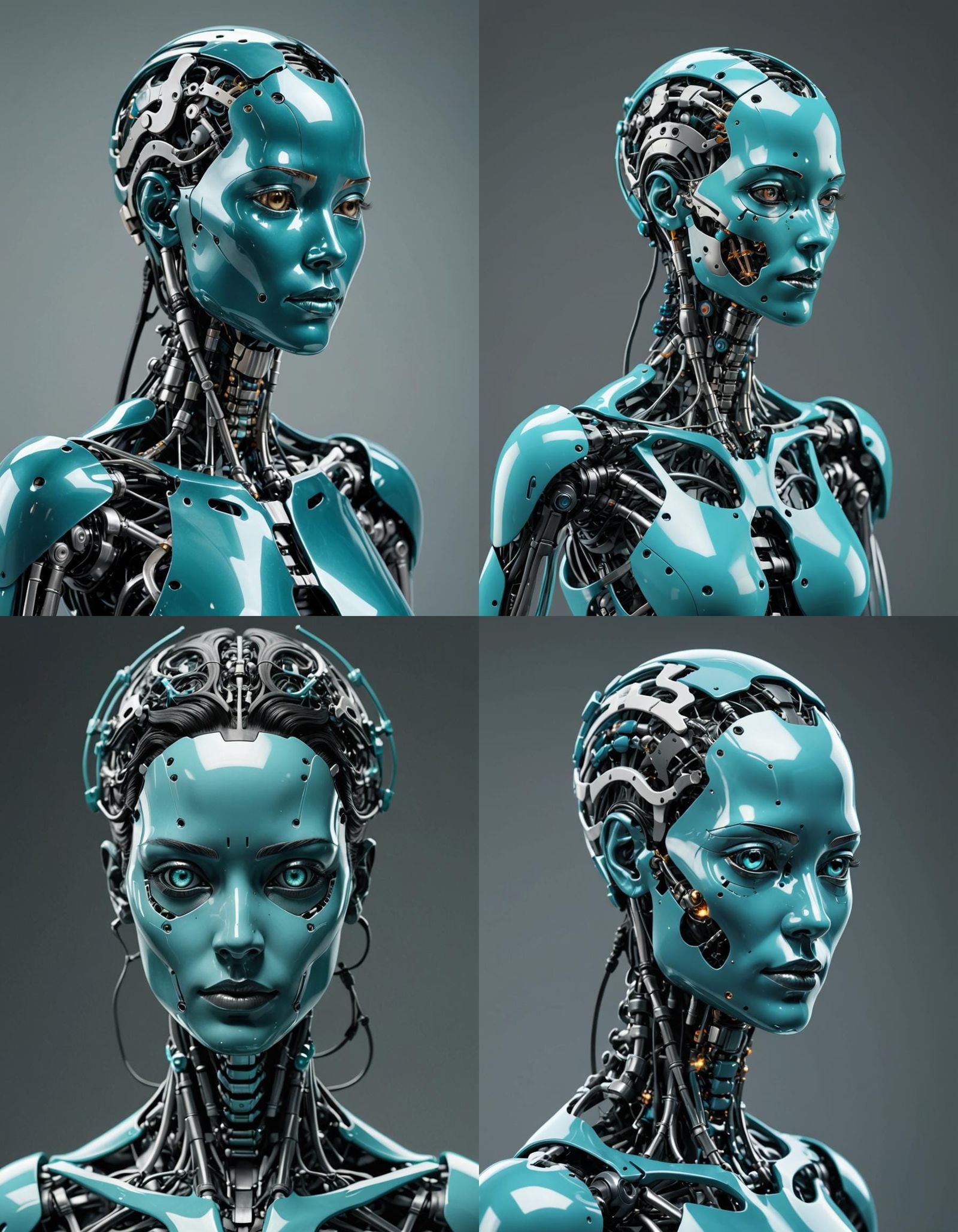 humanlike android, feminine body, dark cyan and black