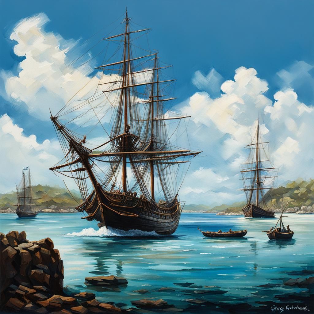 Jamaican Harbor Scene with Sailing Ships