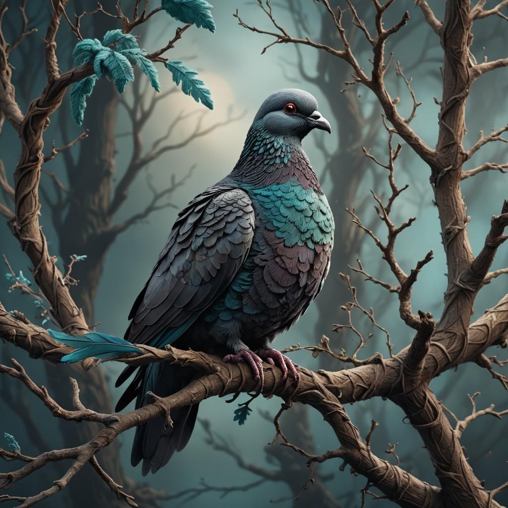Dark Fantasy Wool Pigeon on Branch
