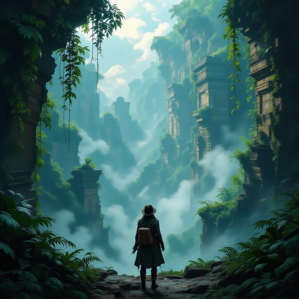 Explorer Overlooks Vast Jungle Chasm in Digital Matte Painti...