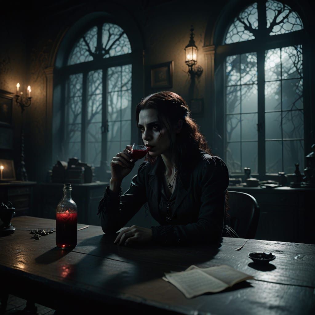 Gothic Vampire Sips Blood in Foggy Transylvanian Office