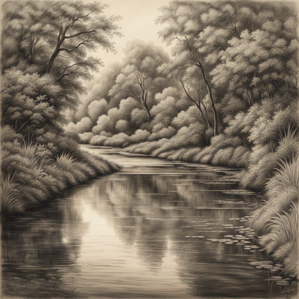 Hyperdetailed Charcoal Drawing of a Serene Riverbank Scene