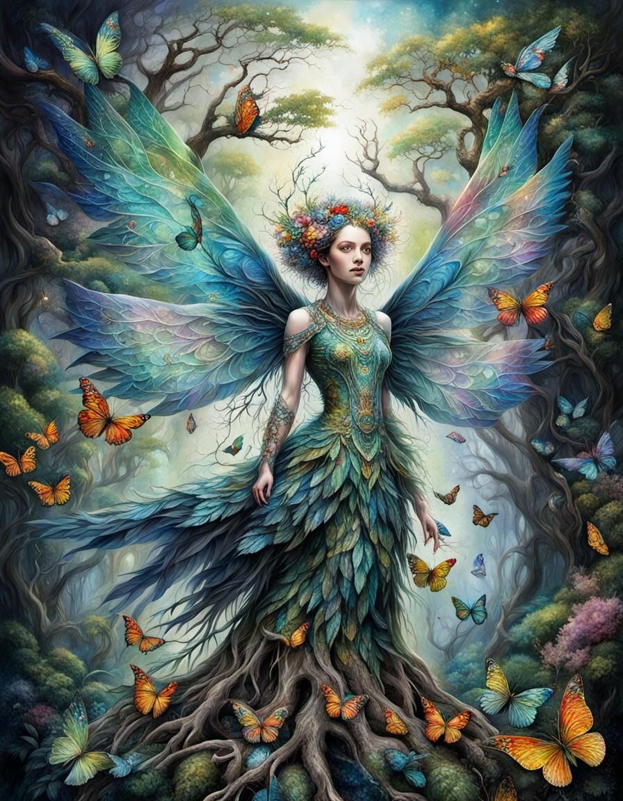 Anthropomorphic Tree Woman with Wings in Surreal Style
