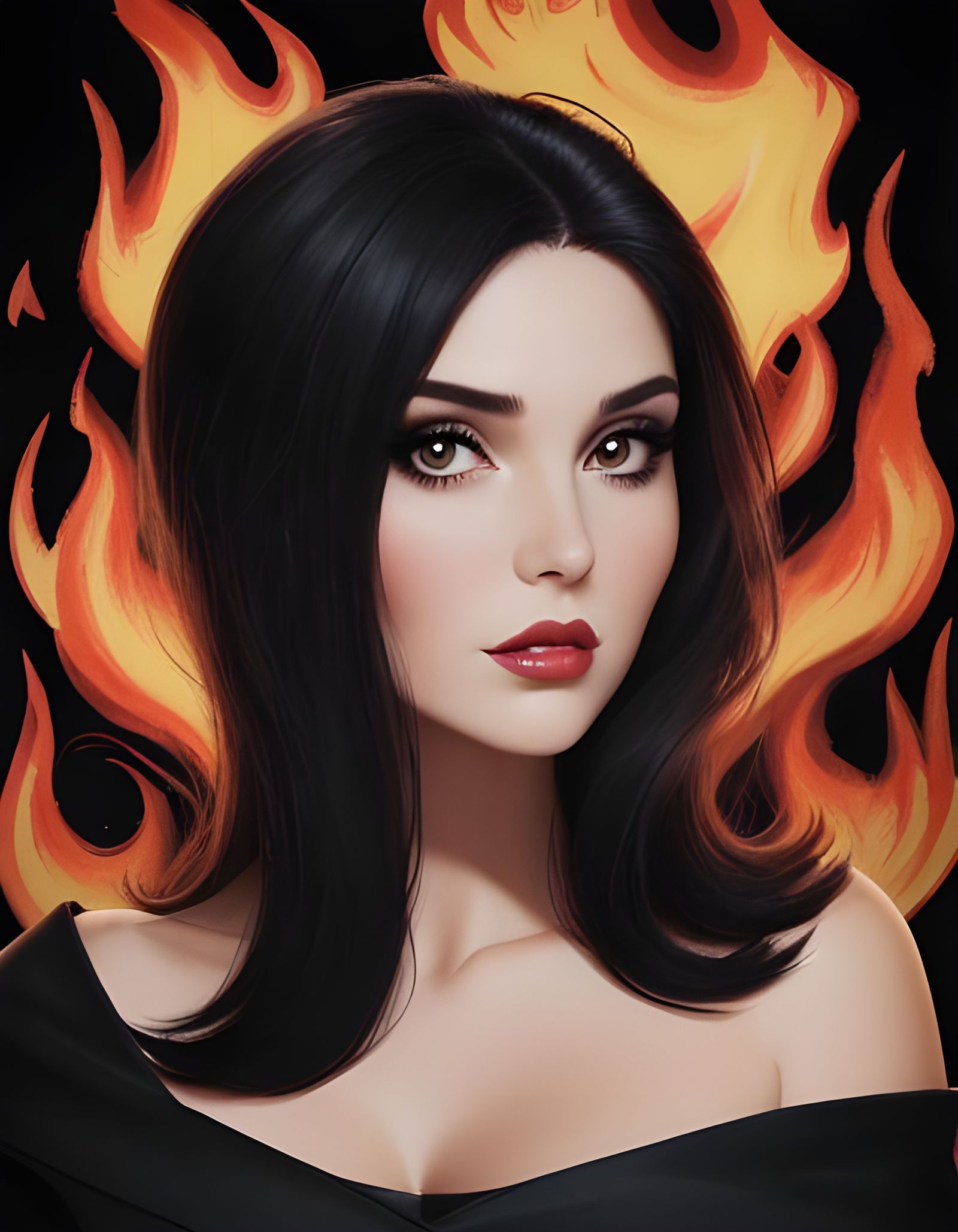Confident Woman Surrounded by Fire in Cartoon Style