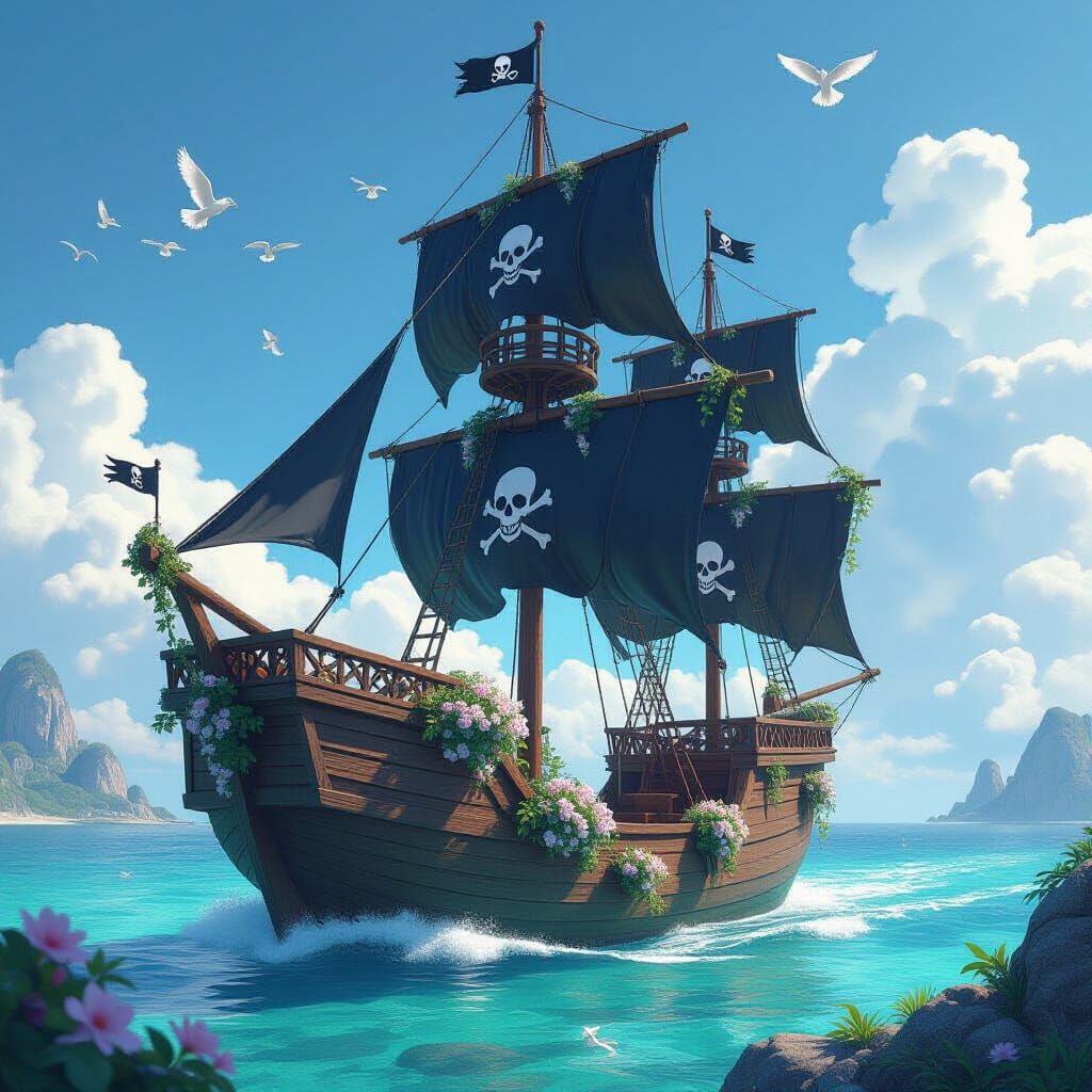 Pirate Ship with Floral Sails: 3D Anime Art