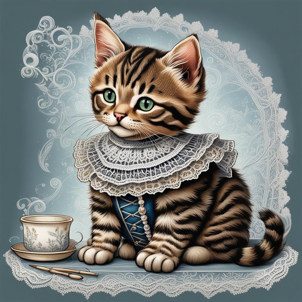 Tabby Kitten Lace Making: Tenniel-Style Illustration