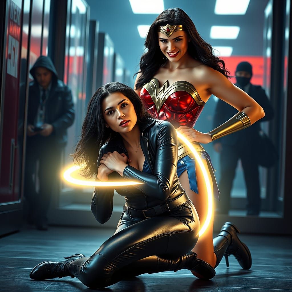 Wonder Woman Stops Bank Robbery in Photorealistic Style