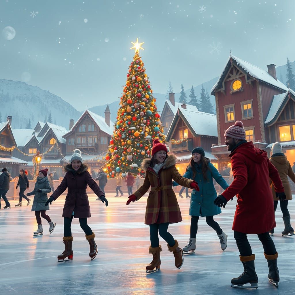 Joyful Winter Gathering with Christmas Tree and Ice Skating...