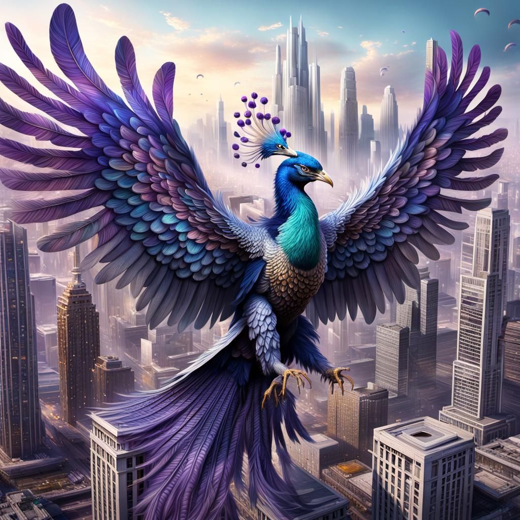 Giant Silver Phoenix Flies Over Vibrant Metropolis