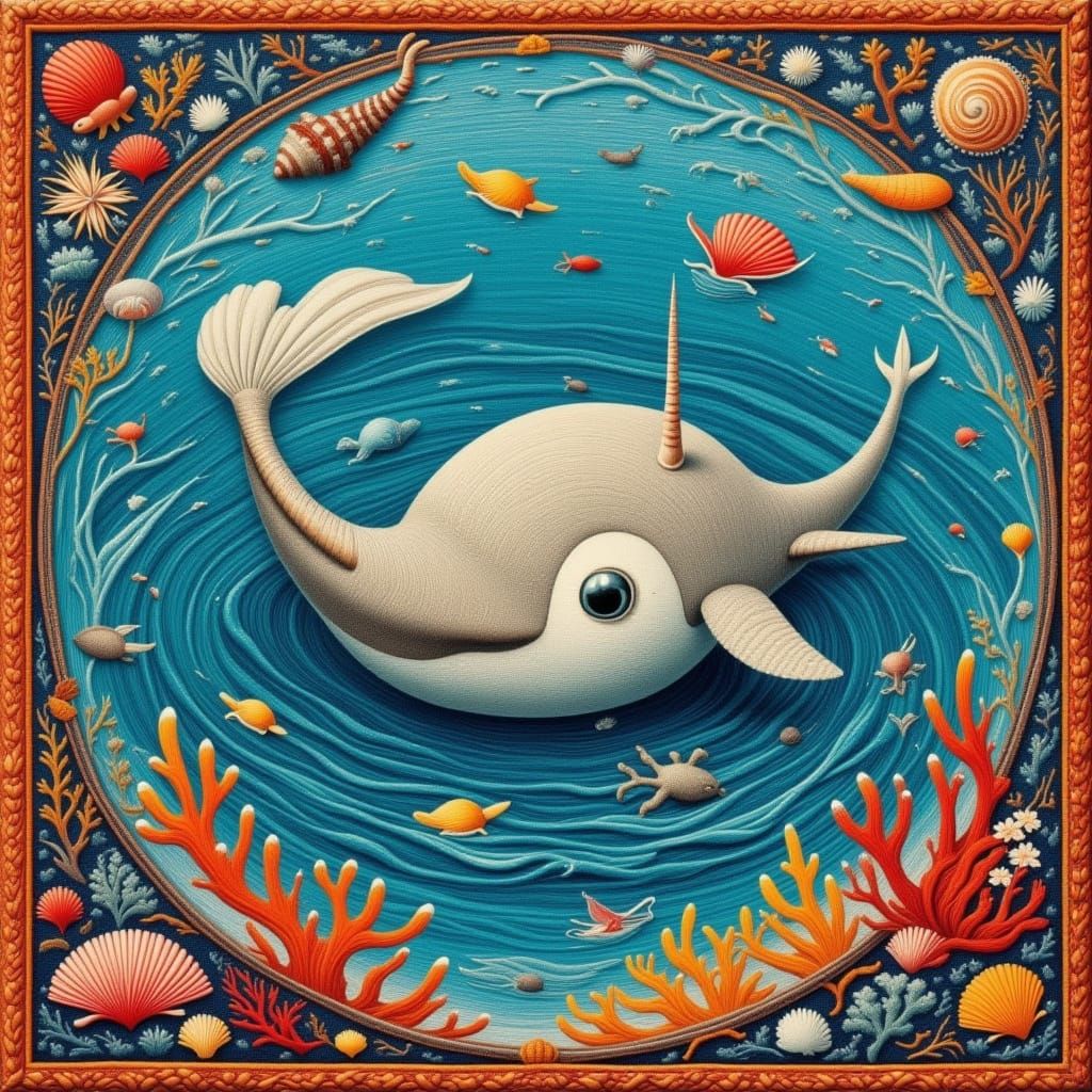 Baby Narwhal in Medieval Tapestry Style
